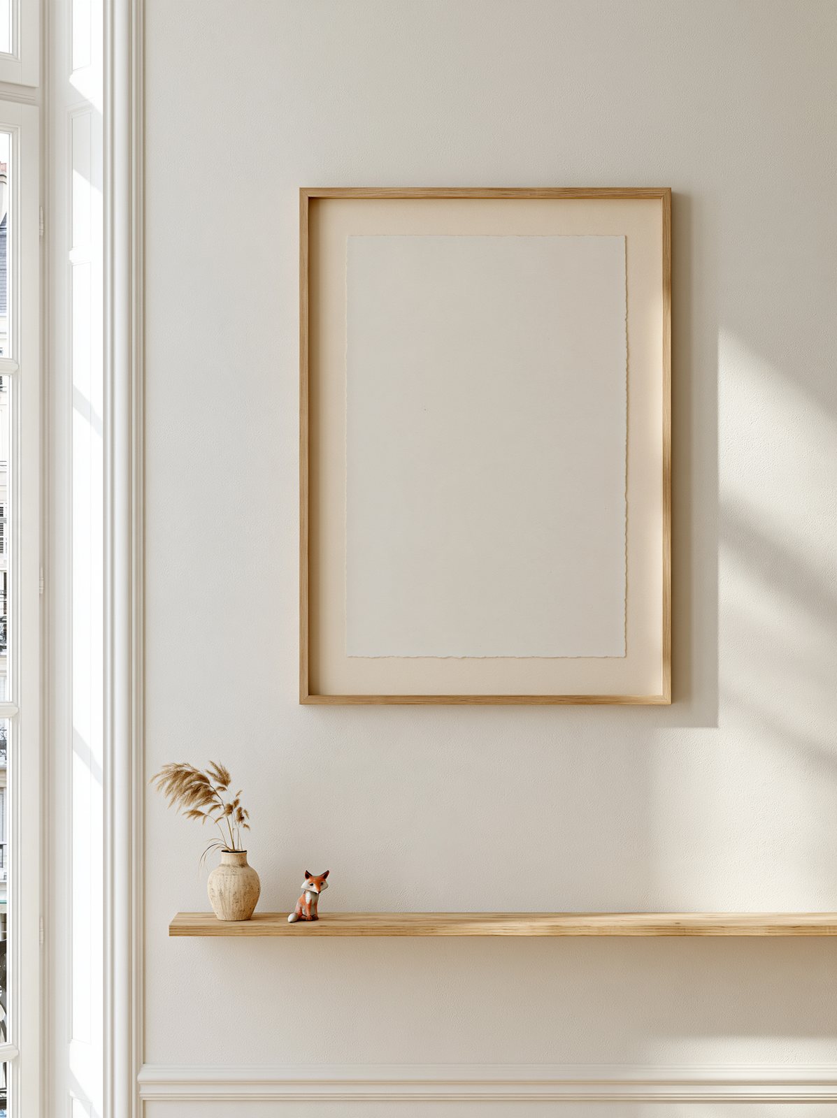 La fiche de vie de Lou, affiche de naissance encadrée en chêne clair, accrochée au mur d'une chambre de bébé au-dessus d'une étagère portant un renard en bois