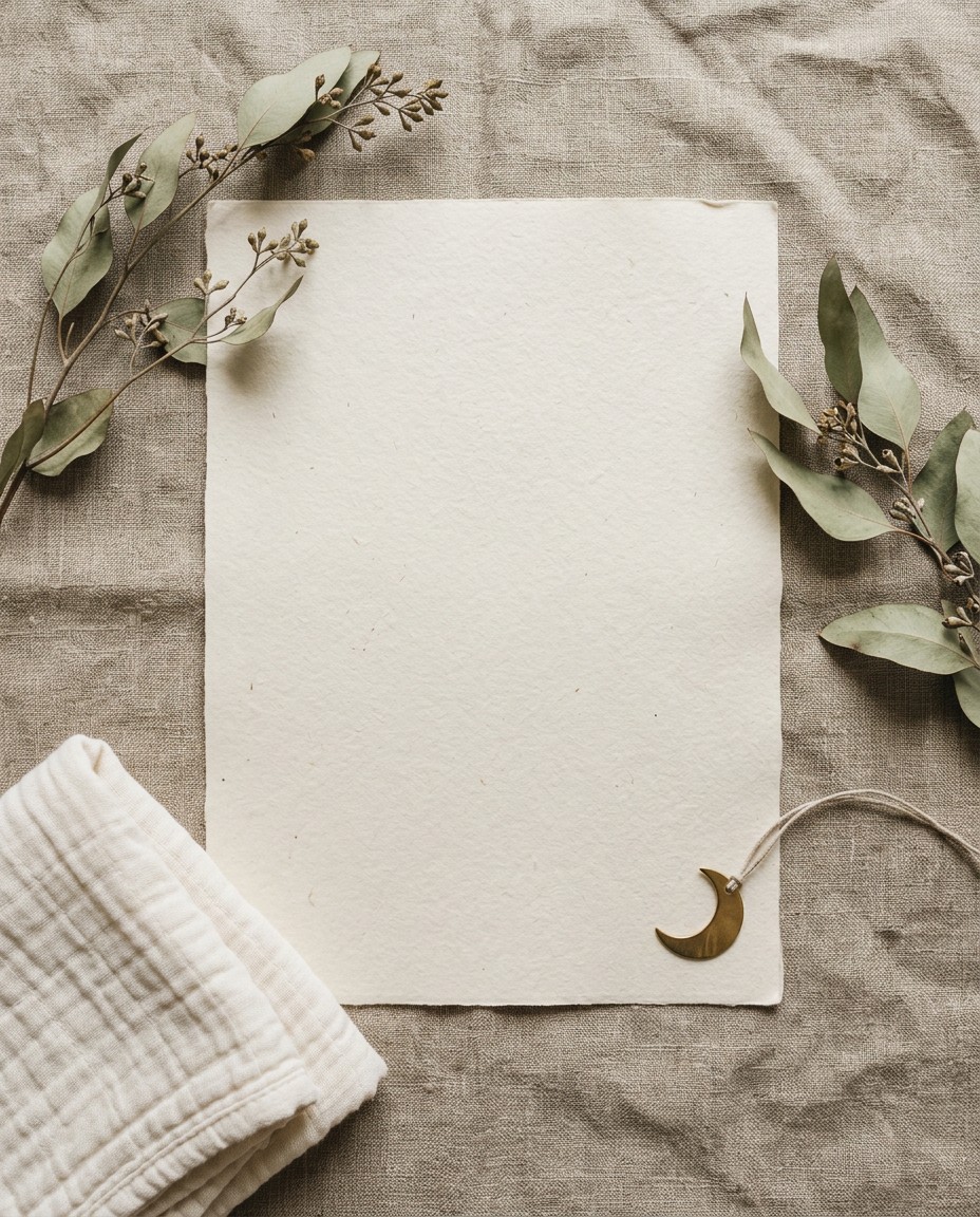L'affiche de Lou imprimée sur une feuille de papier mat, posée sur du lin, entre des branches d'eucalyptus séché et un croissant de laiton