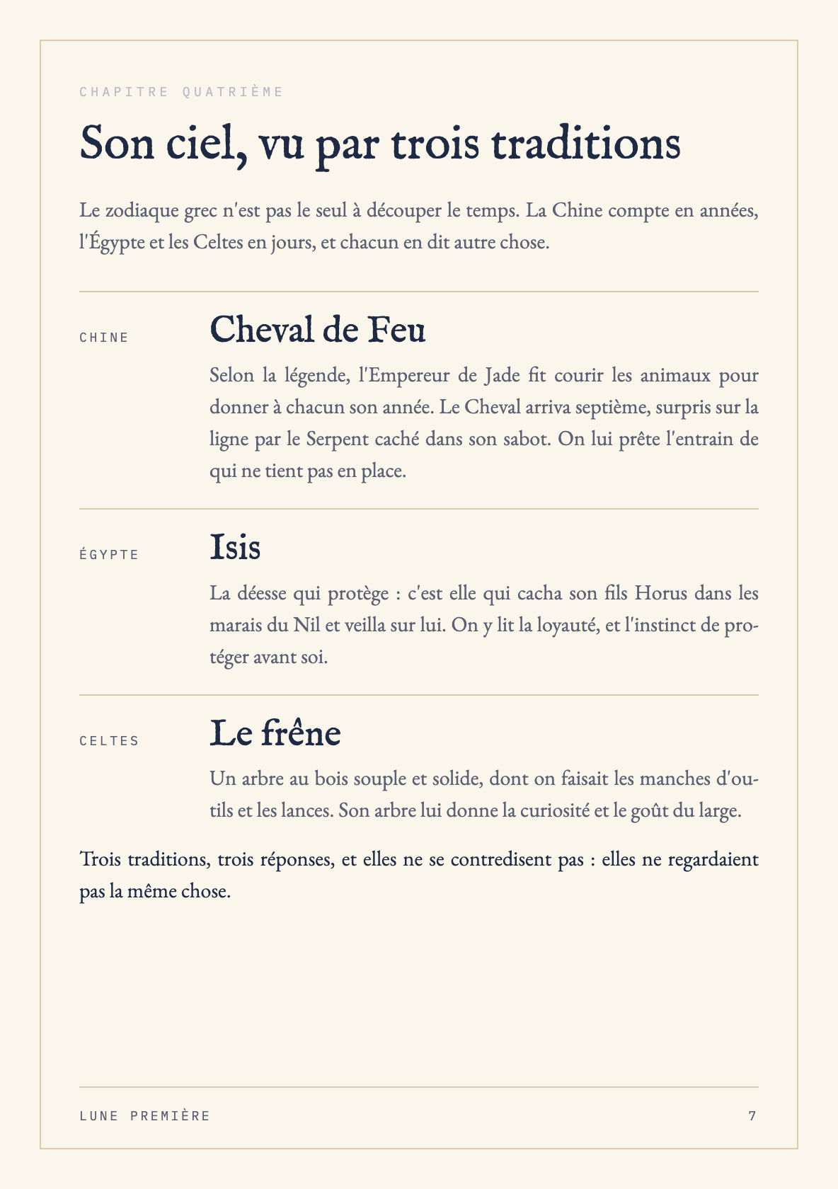 La page 7 du livret de Lou, née le 14 mars 2026 : Chine, le Cheval de Feu et la légende de la course ; Égypte, Isis, la déesse qui protège ; Celtes, le frêne, l'arbre dont on faisait les lances.